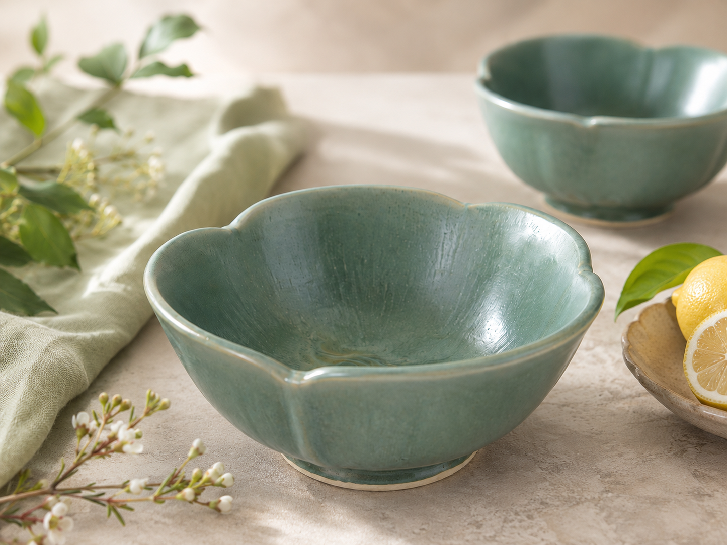 Handmade seafoam green ceramic bowls styled in a warm kitchen setting with one bowl featured and others softly in the background