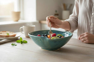 Handmade ceramic fruit and salad bowl green blue glaze