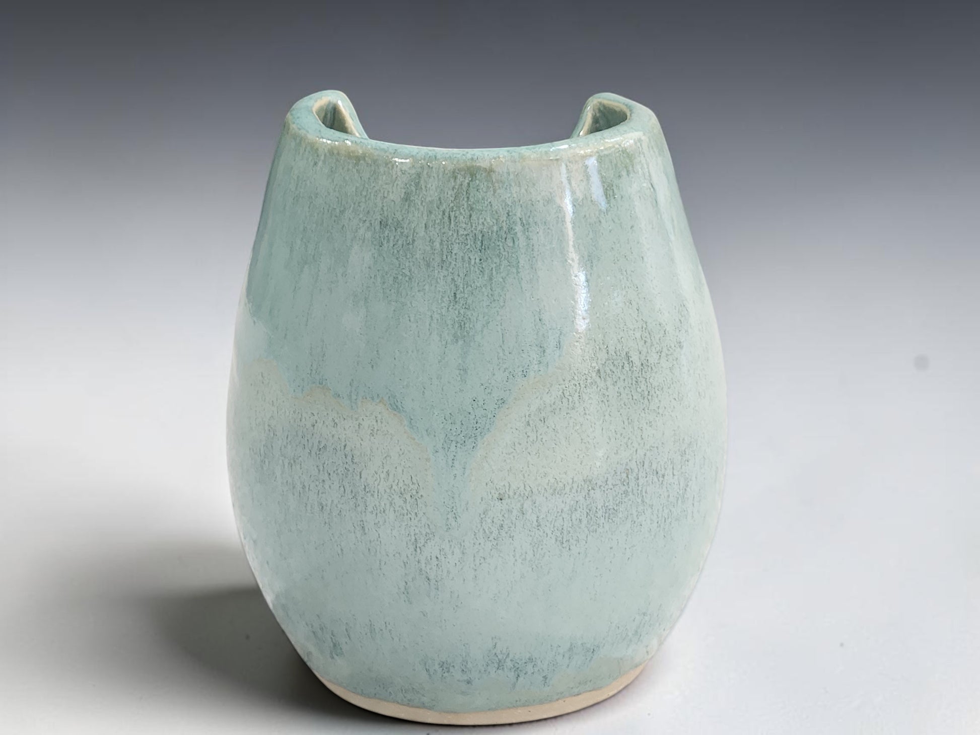 Rear view of handmade stoneware vase with organic curved form.