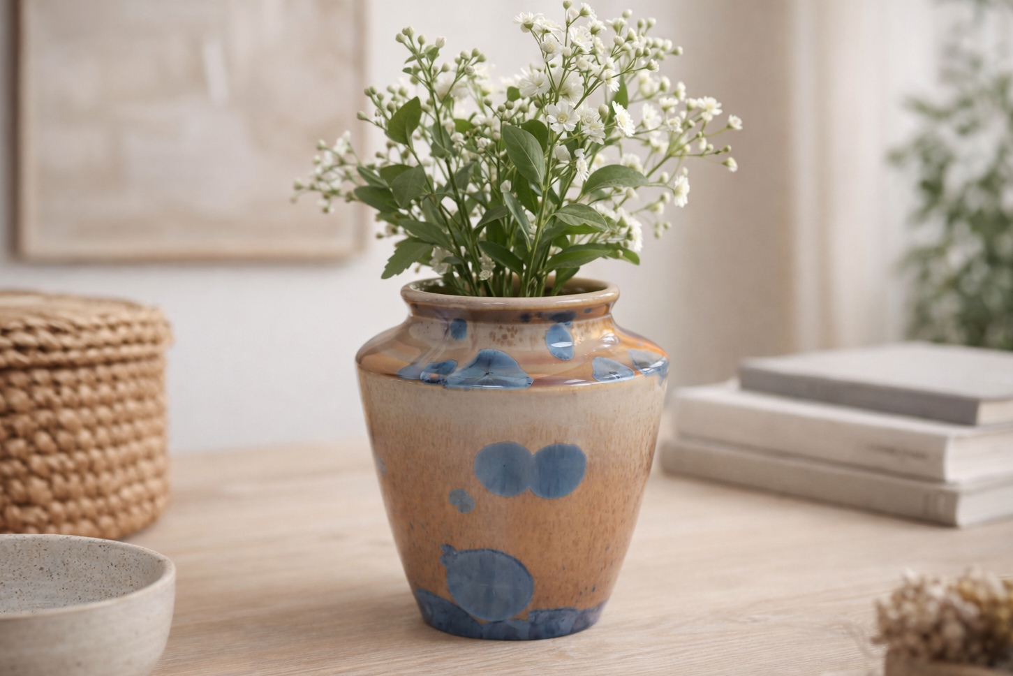 Handmade crystalline ceramic vase in amber glaze with blue crystals on a soft grey studio background
