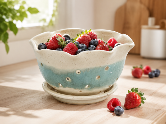 Handmade ceramic berry bowl with saucer in cream and aqua glaze styled with fresh berries on a kitchen table