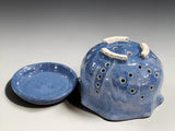 small handmade berry bowl with drainage holes blue ceramic