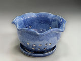 Blue glazed berry bowl with drainage holes and saucer