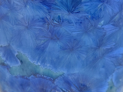 Close up of the crystals on a Decorative blue porcelain vase by Buxton Pottery Melbourne