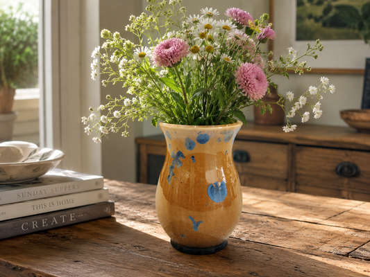 blue crystals on amber v=background shows off this handmade vase 