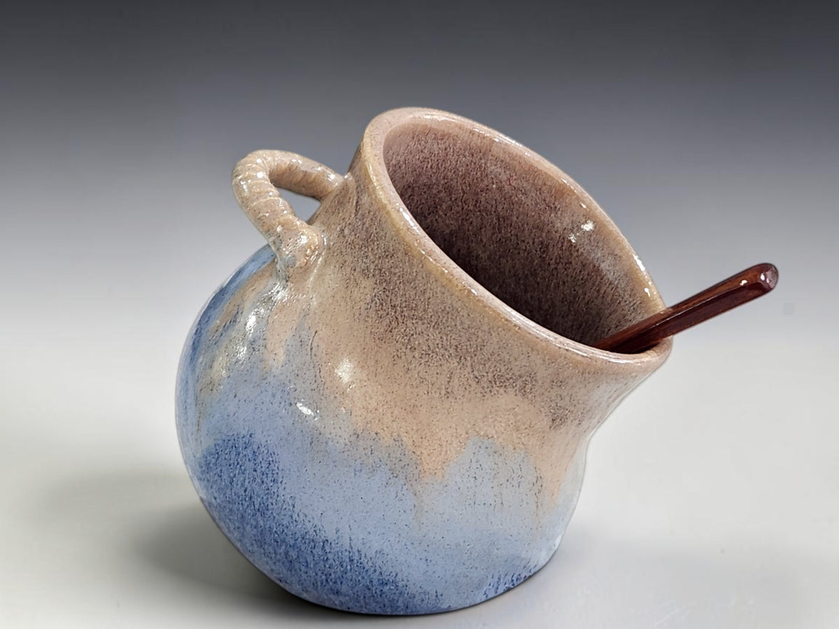 Handmade ceramic salt pig with brown and blue glaze, one-cup capacity
