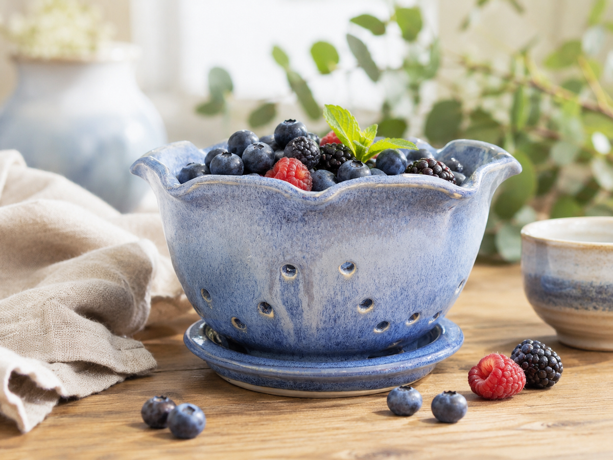 Glossy blue pottery berry bowl with blueberries and raspberries