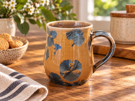 Handmade Ceramic Mug – Amber Glaze with Blue Crystalline Detail | 325ml