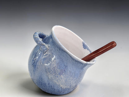 Mottled powder-blue and denim glaze detail on ceramic salt pig