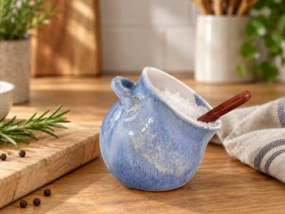 Handmade blue ceramic salt pig filled with salt on a timber kitchen bench