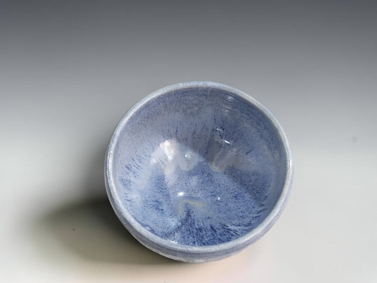 Interior view of an empty pottery bowl showing soft blue glaze and darker speckled details.