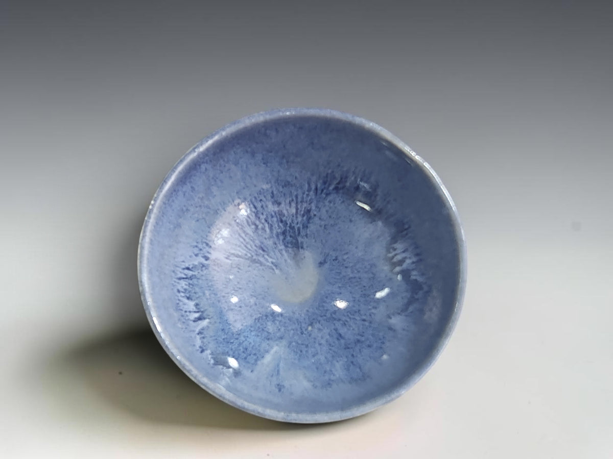 Interior view of an empty ceramic bowl showing pale blue and darker blue glaze patterns.