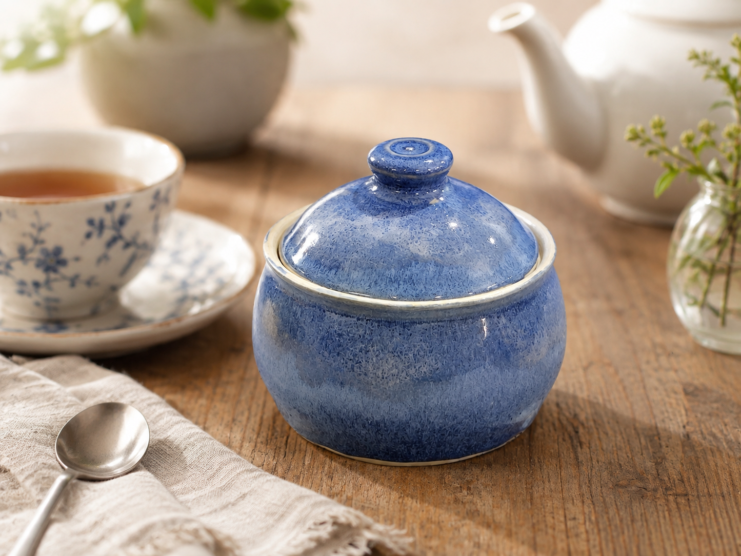 Handmade blue ceramic sugar bowl with lid styled on a wooden table with tea cup and spoon