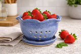 Blue handmade pottery berry bowl with matching saucer by Buxton Pottery
