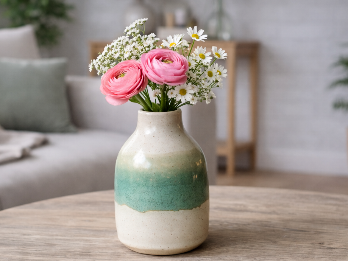Handmade ceramic bottle bud vase 13cm with flowers on coffee table in lounge room, handmade pottery Melbourne Australia unique gift