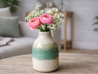 Handmade ceramic bottle bud vase 13cm with flowers on coffee table in lounge room, handmade pottery Melbourne Australia unique gift