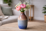 Handmade ceramic bud vase with fresh blooms on coffee table in lounge room, Melbourne handmade pottery Australia unique gift
