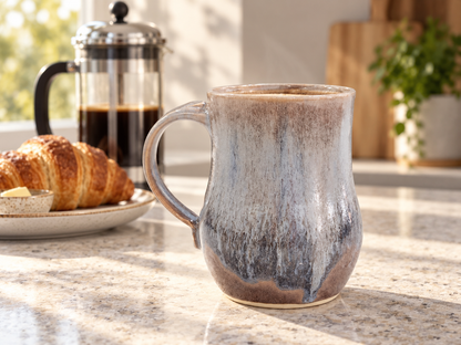 Large 500ml mottled blue and brown handmade mug on a light kitchen bench