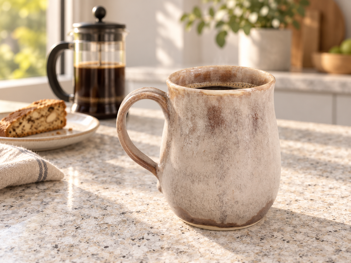 Soft brown and white mottled 400ml handmade mug with French press and biscotti