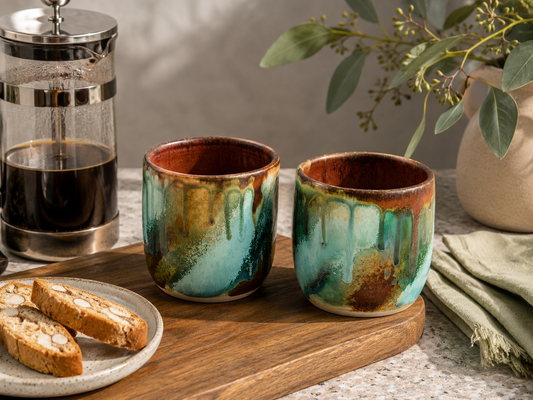 Handmade ceramic handleless tumbler Bush Creek Earth Collection hero image with turquoise and earthy glazes