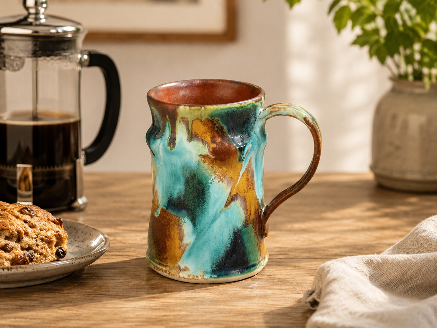 Handmade ceramic mug in Bush Creek glaze styled with French coffee press and sweet pastry in a warm kitchen setting