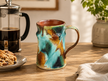 Handmade ceramic mug in Bush Creek glaze styled with French coffee press and sweet pastry in a warm kitchen setting