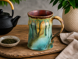 Handmade pottery mug from the Bush Creek Earth Collection with turquoise and earthy flowing glazes.
