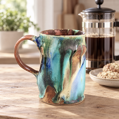 Handmade 350ml ceramic mug beside freshly brewed French press coffee and biscuits.