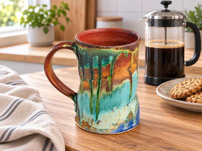 Bush Creek mug on a timber benchtop beside French press coffee and oat biscuits.