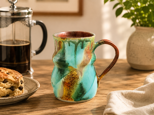 Handmade ceramic 400ml mug in Bush Creek glaze styled with French coffee press and sweet pastry in a warm kitchen setting