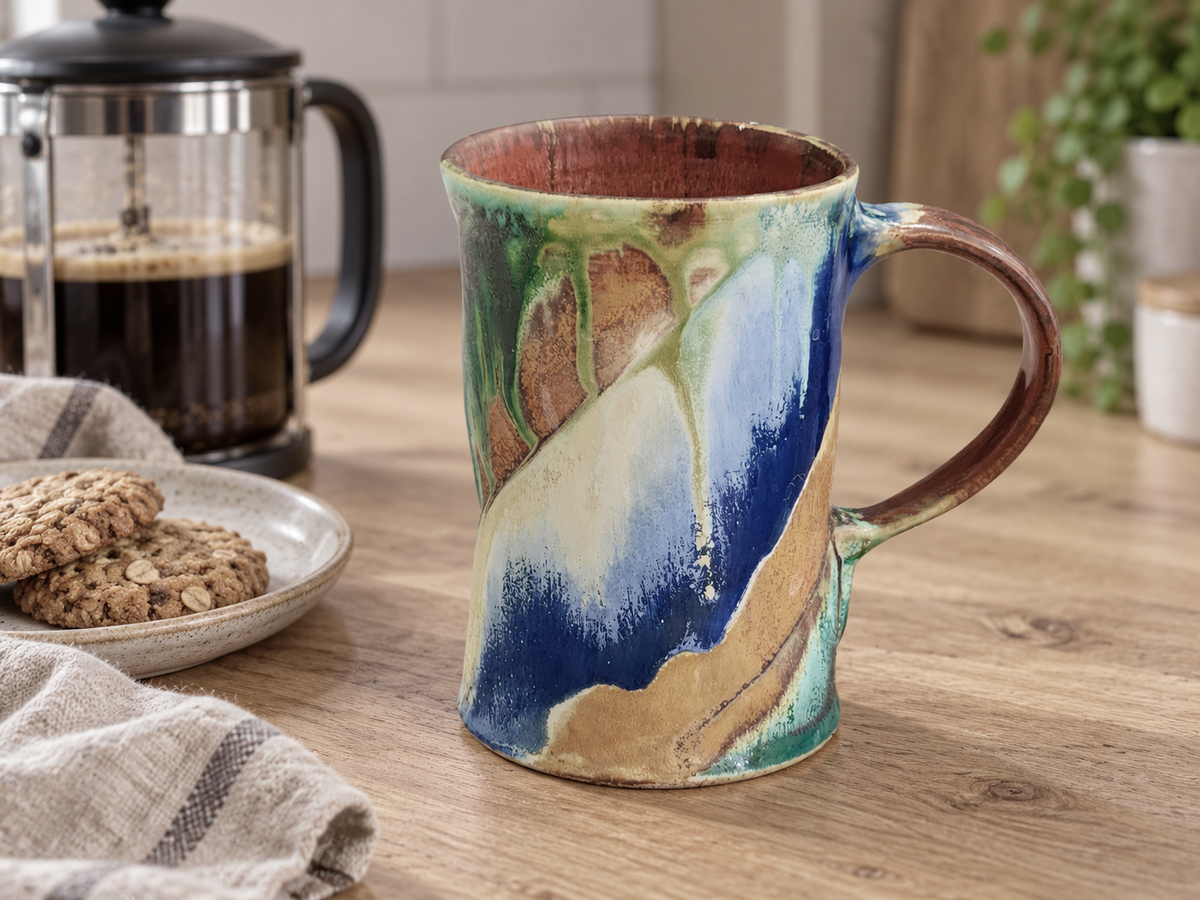 Bush Creek pottery mug on a timber benchtop beside French press coffee and oat biscuits.