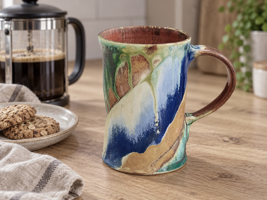 Bush Creek pottery mug on a timber benchtop beside French press coffee and oat biscuits.