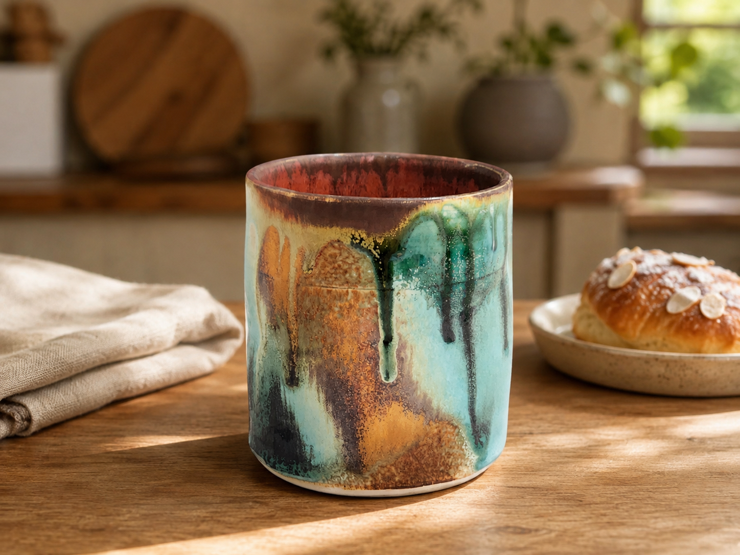 Handmade ceramic Bush Creek tumbler styled in a warm kitchen setting with earthy terracotta, turquoise and green glaze