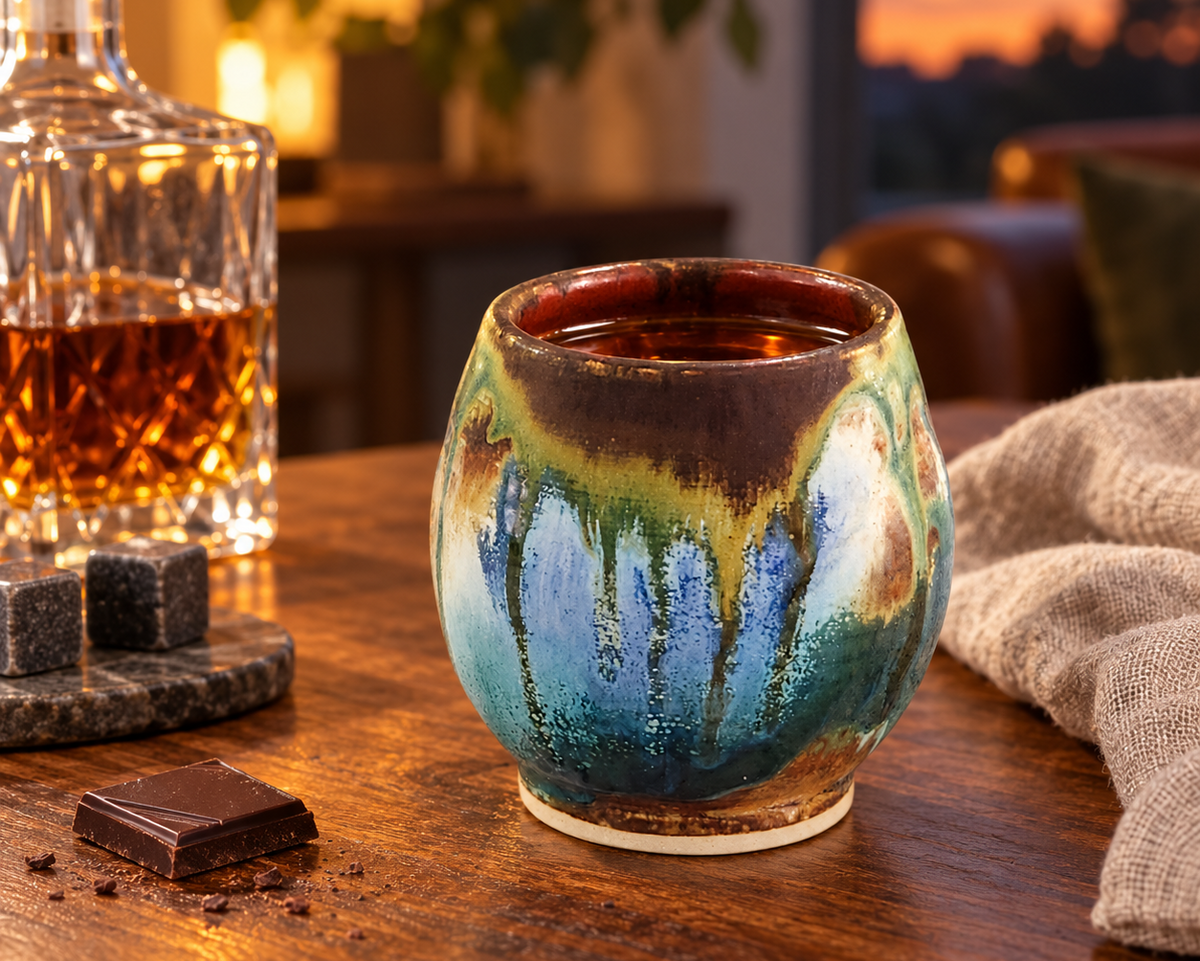 Ceramic whisky sipper styled with whisky and dark chocolate