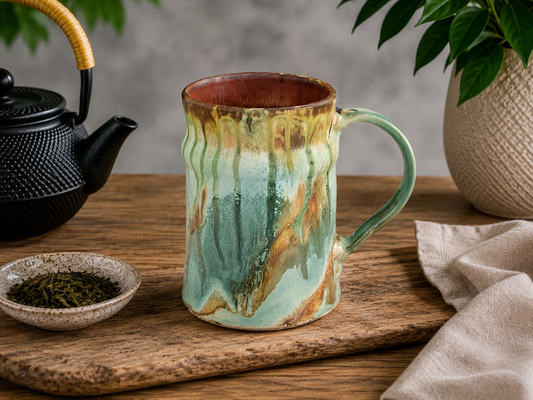 Handmade ceramic coffee mug 400ml Bush Creek Earth Collection on timber table hero lifestyle image