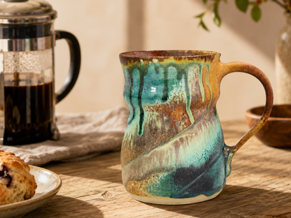 Bush Creek handmade pottery mug with ash glaze drips and glossy red brown interior in a lifestyle setting