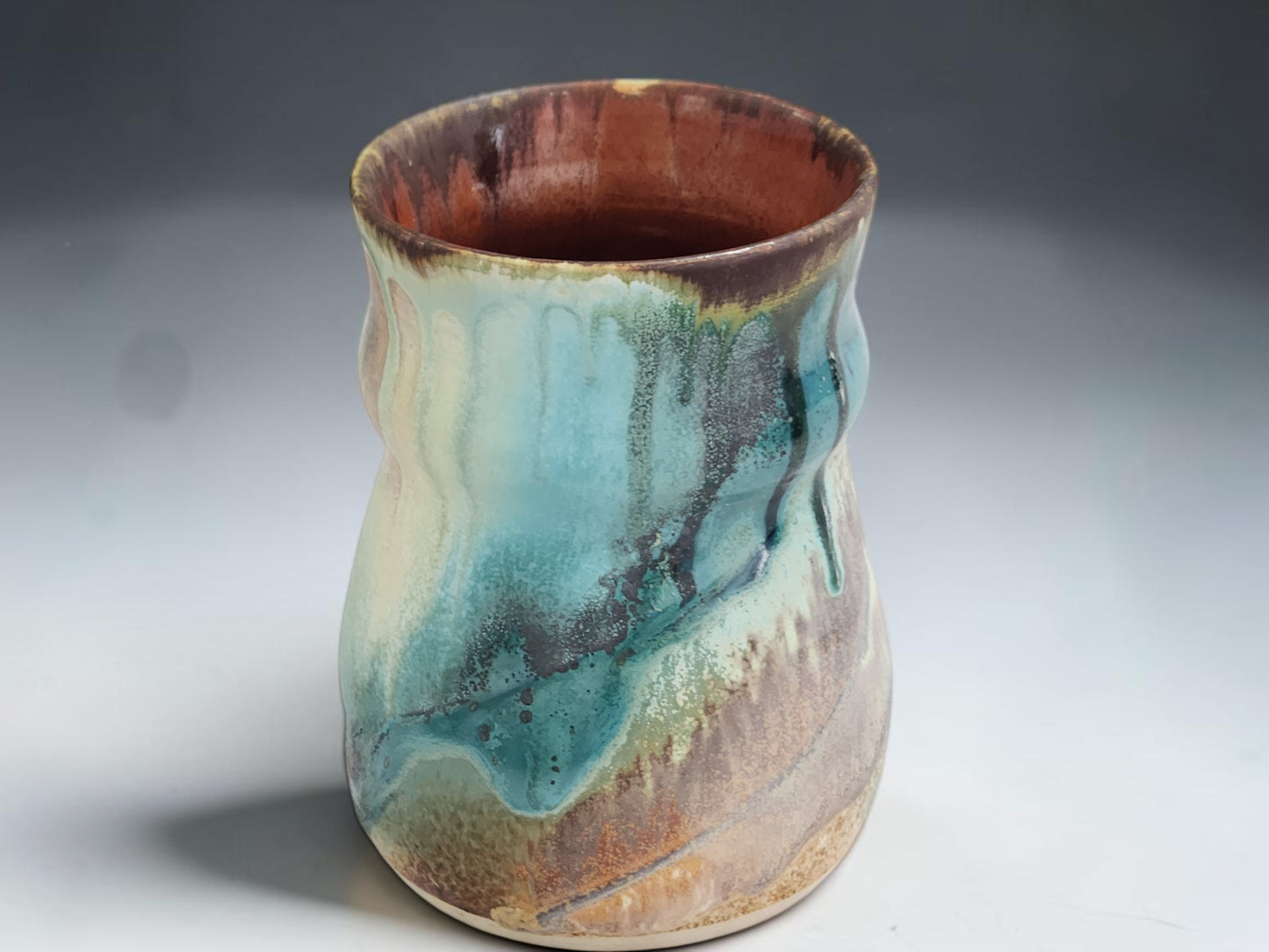 Australian handmade pottery mug 400ml with rustic ash glaze and comfortable shaped form