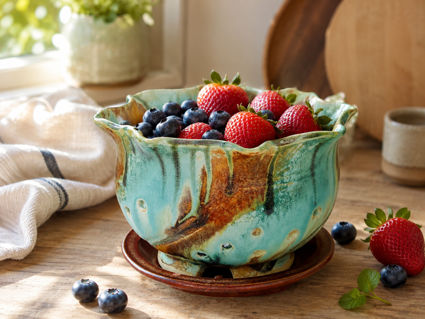 Handmade ceramic berry bowl with saucer in Bush Creek glaze styled with fresh strawberries and blueberries in a warm kitchen setting