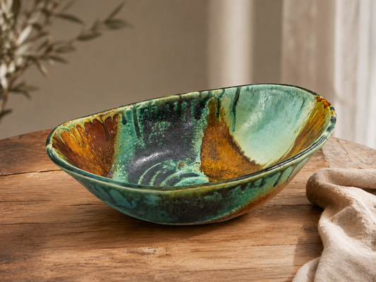 Bush Creek handmade oval pottery bowl styled as a ceramic centrepiece on a rustic timber table