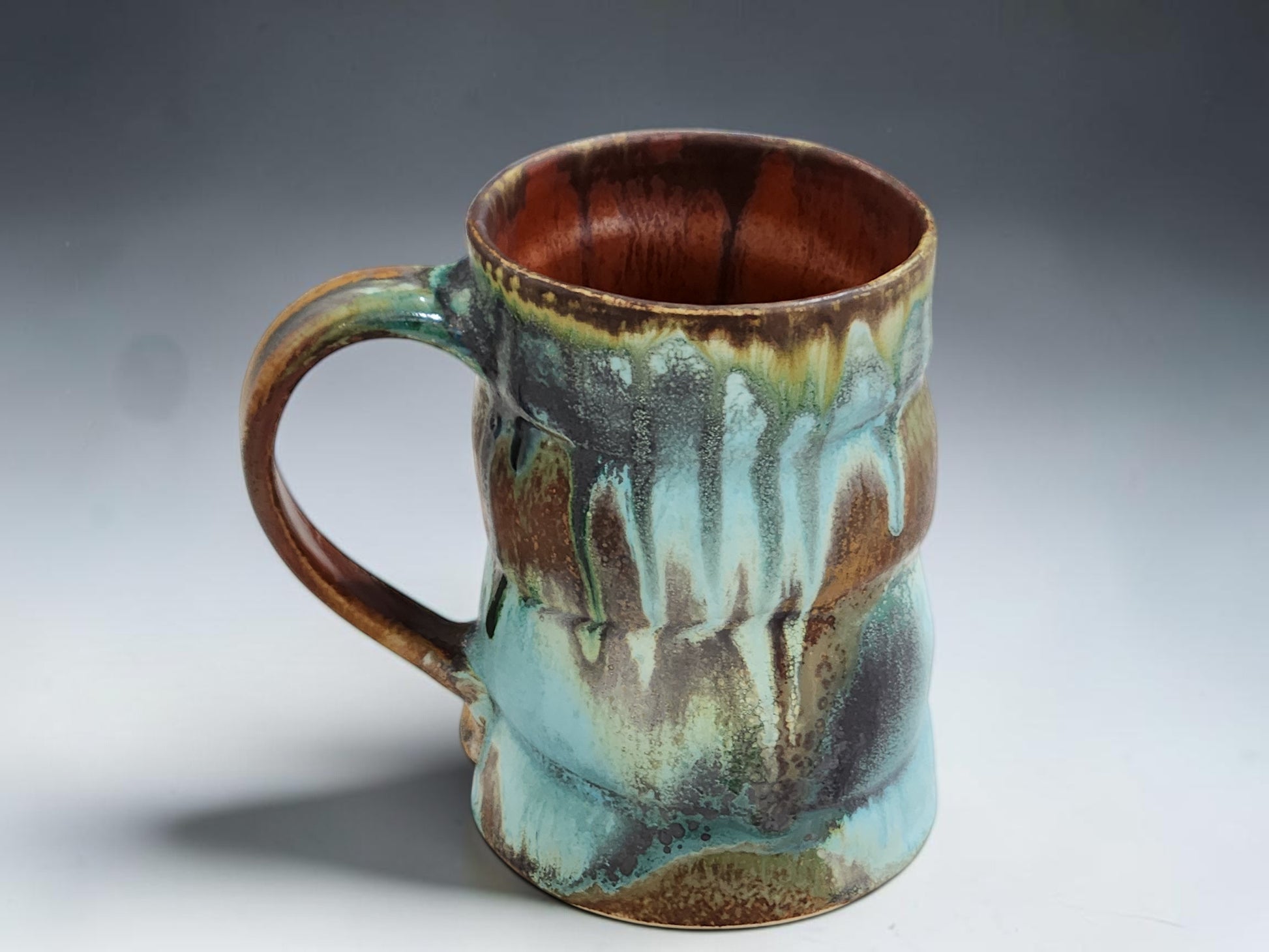 Bush Creek handmade ceramic mug with turquoise and earthy brown glaze, 350ml pottery coffee cup