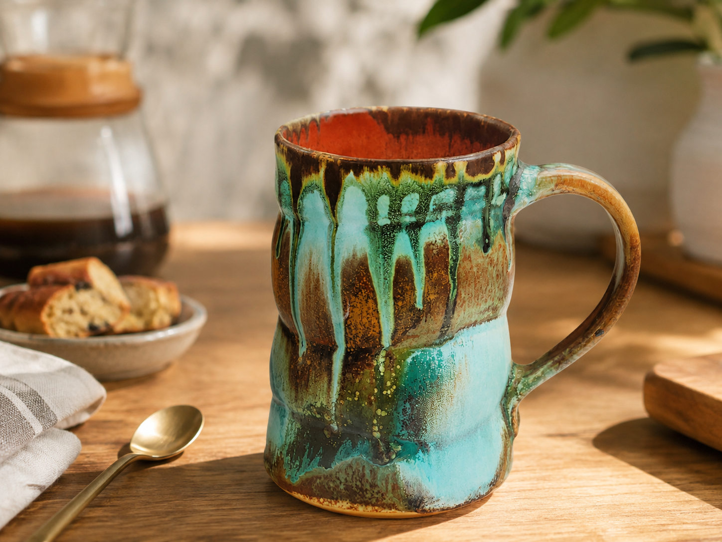 Handmade pottery mug in Bush Creek glaze with red brown interior styled in a warm kitchen setting