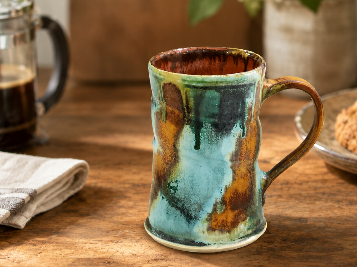 Handmade pottery mug in Bush Creek glaze with red brown interior styled with coffee and pastry in a warm kitchen setting