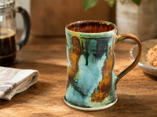 Handmade pottery mug in Bush Creek glaze with red brown interior styled with coffee and pastry in a warm kitchen setting