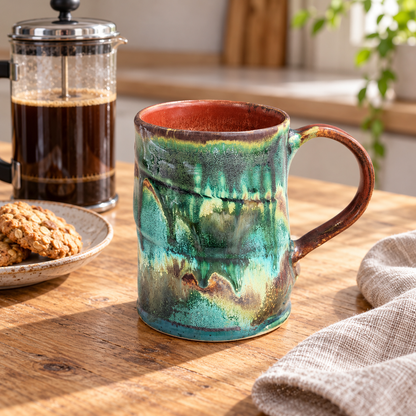Bush Creek mug on a timber benchtop beside French press coffee and oat biscuits.
