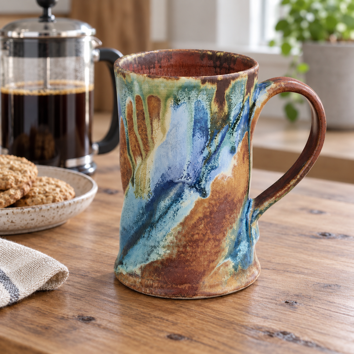 Handmade ceramic mug beside a French press, biscuit plate and natural linen napkin.
