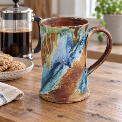 Handmade ceramic mug beside a French press, biscuit plate and natural linen napkin.