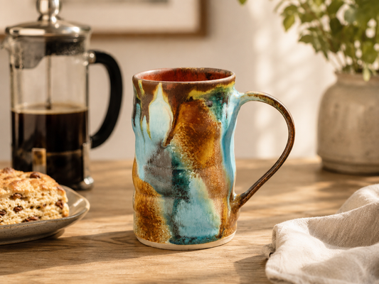 Handmade ceramic mug in Bush Creek glaze styled with French coffee press and sweet pastry in a warm kitchen setting