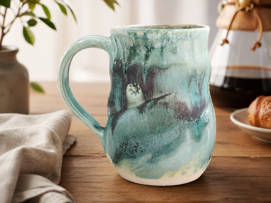 Handmade ceramic 450ml mug in soft seafoam green glaze styled with coffee and pastry in a warm kitchen setting