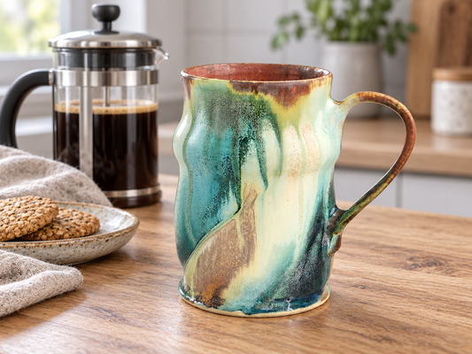 Bush Creek ceramic mug on a timber benchtop beside French press coffee and oat biscuits.
