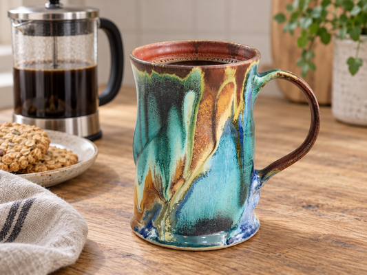 Handmade Buxton Pottery mug styled with a French press, biscuits and striped linen